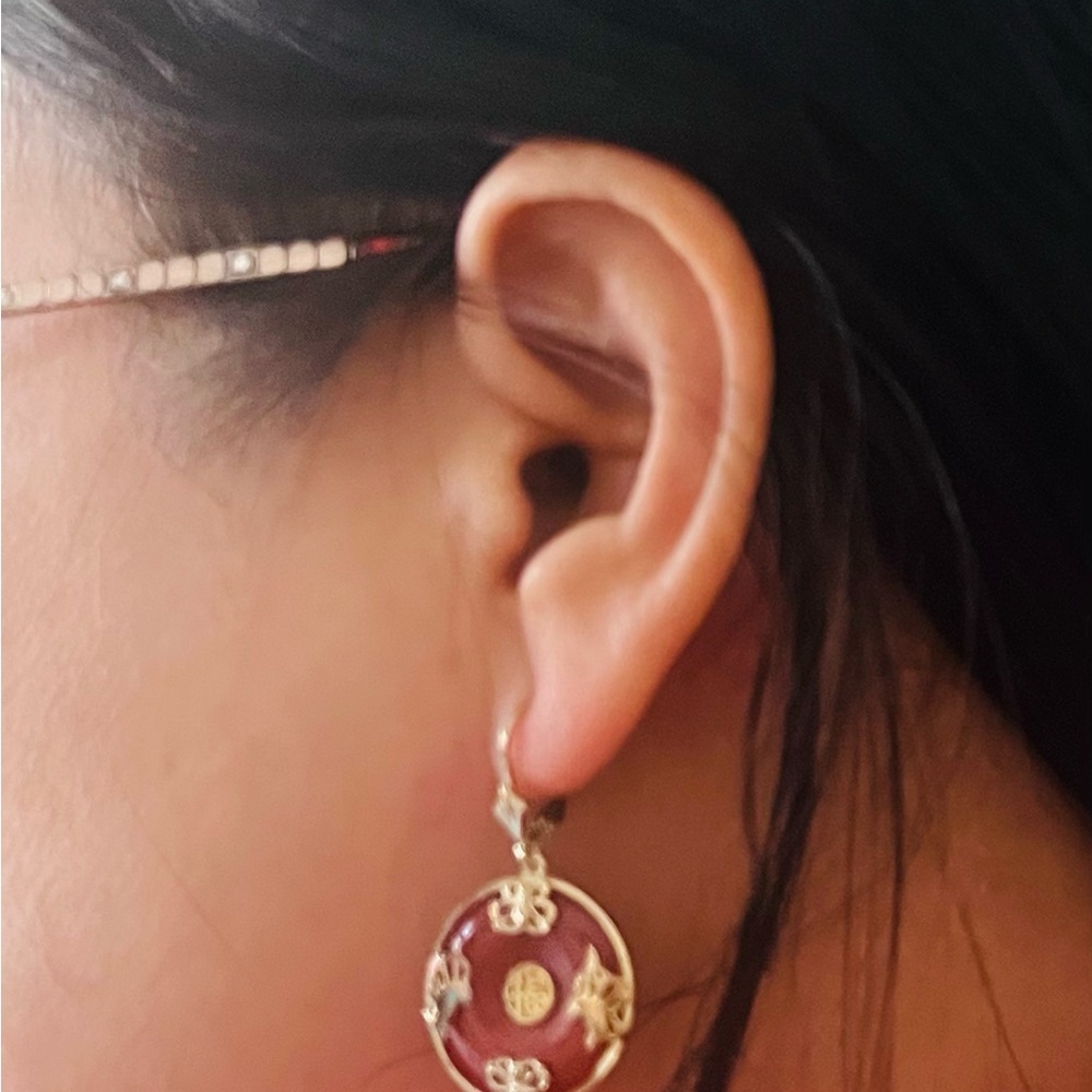 #0956*Ross-Simons/Gold Plated/Red Jade Earrings.Good Fortune Butterfly & Dragon - Picture 5 of 10